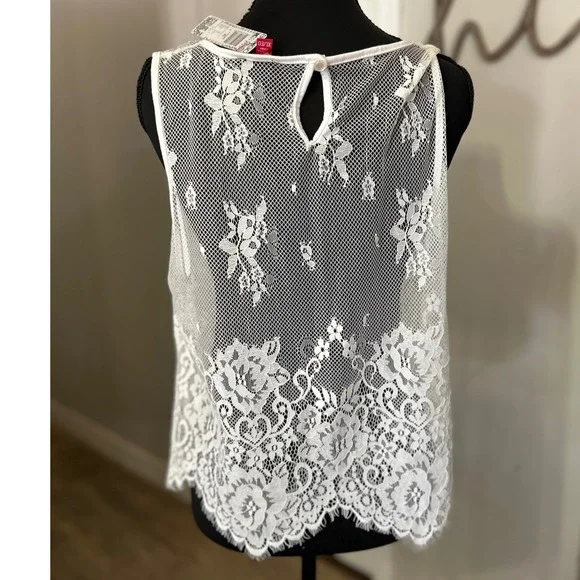 NWT Y2K Bongo Womens White‎ Lace Overlay Sheer Tank Top Juniors XL New - Picture 2 of 6
